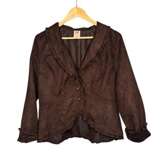Vintage L Blazer Jacket‎ Brown Vegan Suede Ruffle Trim Whimsigoth Peasant Boho